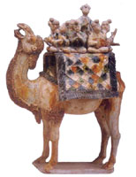 Tri-colored pottery with camel carrying musician Tomb Figure